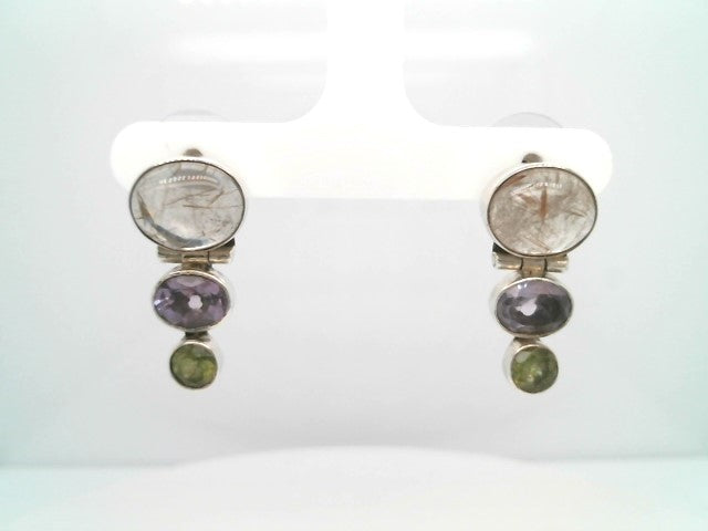 Vintage Sterling Silver Rutilated Quartz, Amethyst & Peridot Drop Stud Earrings