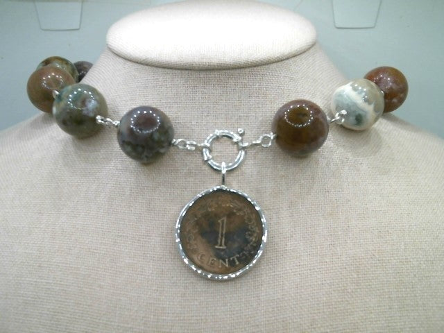 Sterling Silver 18 Mm Multi Color Jasper Bead Link Necklace With Large Spring Ring Clasp, 26"