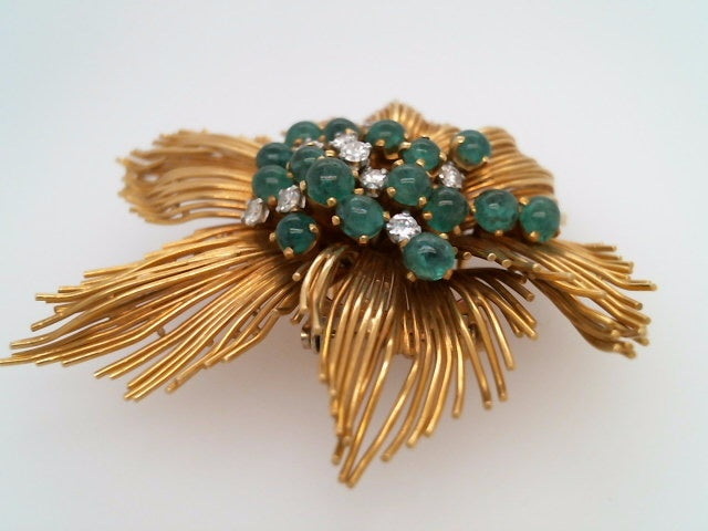 Vintage Retro 18 Karat Yellow Gold Floral Starburst Pin With Cabochon Emeralds & Diamonds