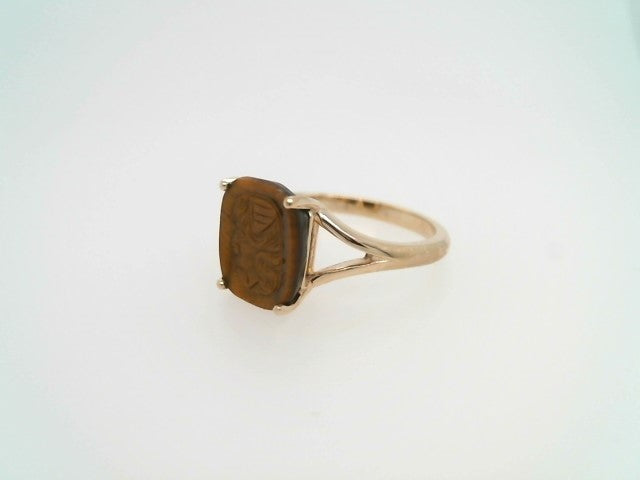 14 Karat Yellow Gold Cushion Shaped Carved Tiger's Eye Intaglio Split Shank Ring