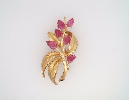 Vintage 18 Karat Yellow Gold Carved Ruby Leaves & Diamond Branch Pin/Pendant