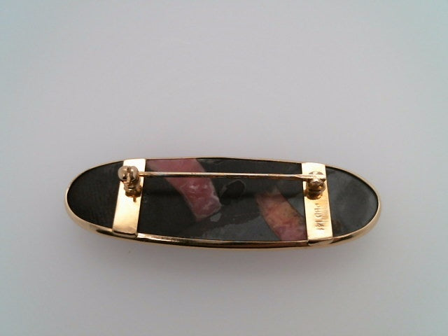 Vintage 14 Karat Yellow Gold Rhodochrosite, Black Onyx, & Hematite Mosaic Gemstone Pin