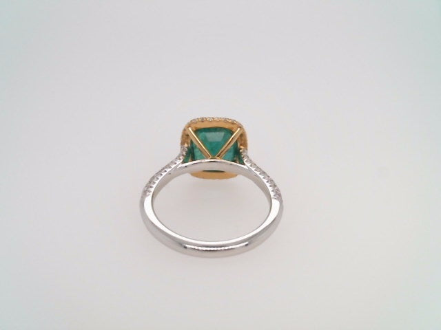 18 Karat White & Yellow Gold Cushion Shaped Emerald With Diamond Accent Halo Style Ring