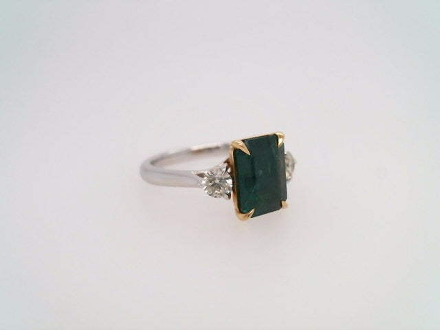 Platinum & 18 Karat Yellow Gold Emerald & Diamond 3 Stone Ring