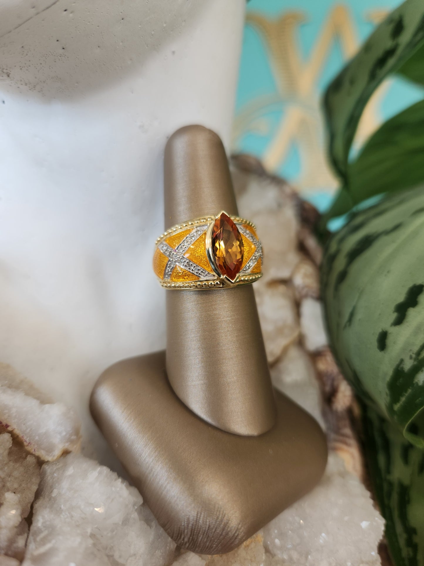 Online Clearance * Vintage 14 Karat Yellow Gold Citrine & Yellow Enamel Ring With Diamond Accents