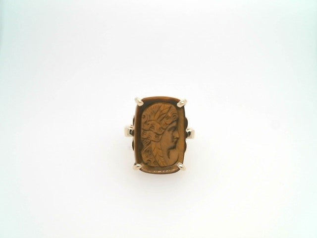 14 Karat Yellow Gold Cushion Shaped Carved Tiger's Eye Cameo Ring With Fleur De Lis Details