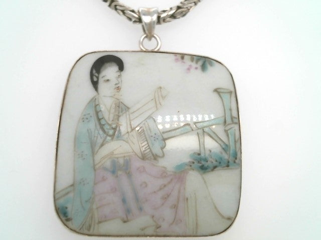 Vintage Sterling Silver Square Handpainted Porcelain Shard With Geisha Scene Bezel Set Pendant On 2.5 Mm Byzantine Link Chain, 18"