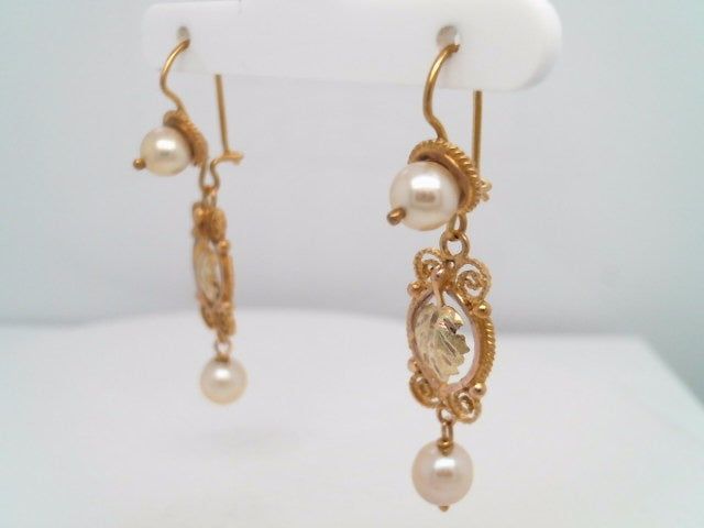 Vintage 14 Karat Yellow Gold Pearl Earrings With Leaves & Scroliing Filgree Design