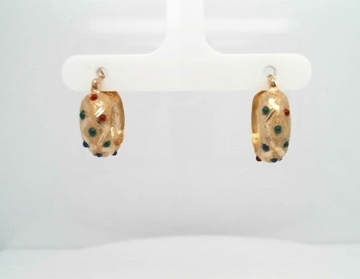 Vintage 14 Karat Yellow Gold Etched Hoop Earrings With Red, Blue & Green Enamel Accents