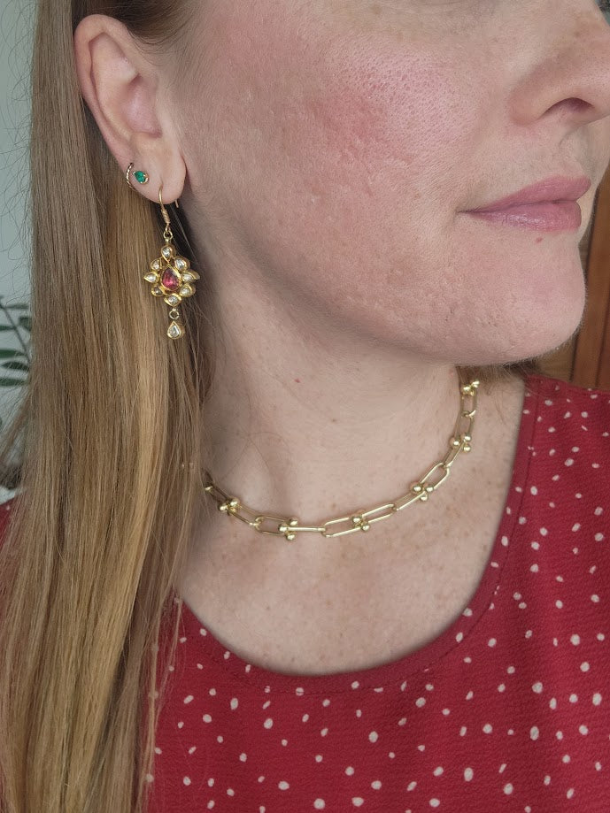 Vintage 14 Karat Yellow Gold 10 Mm Fancy Open Link With Bead End Chain Necklace, 16"