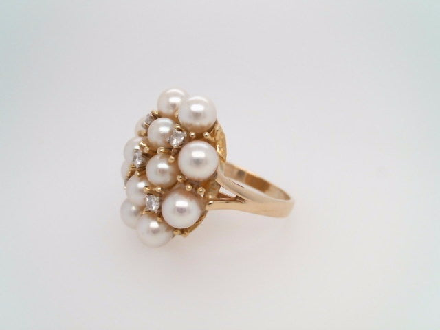 Vintage 14 Karat Yellow Gold Pearl & Diamond Cluster Ring