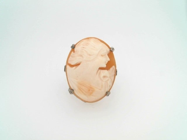 Vintage Sterling Silver Carved Seashell Cameo Ring With Milgrgrain & Engraved Flower Detail