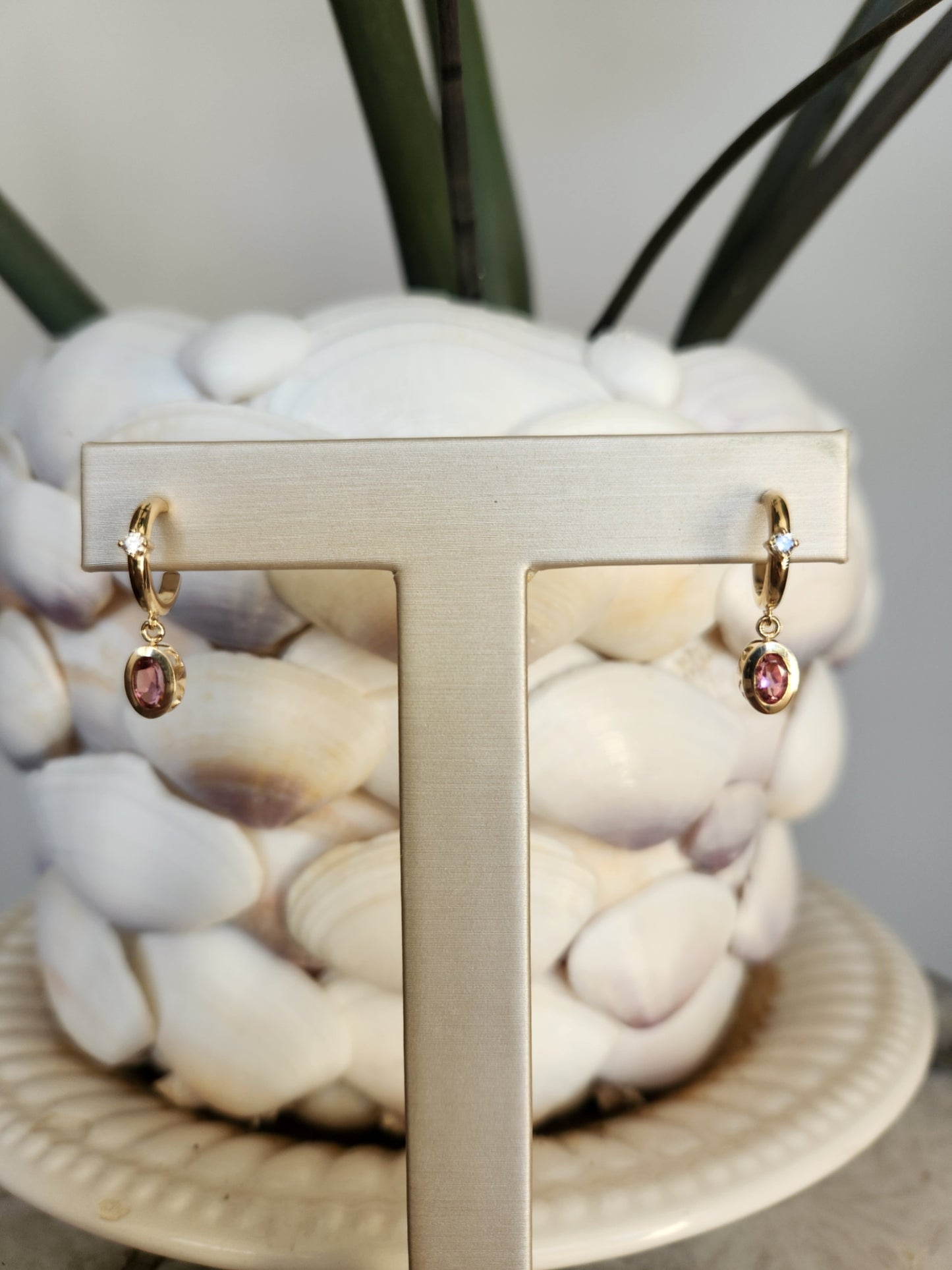 14 Karat Yellow Gold Diamond Accent 1/2 Hoop Earrings With Pink Tourmaline Dangle