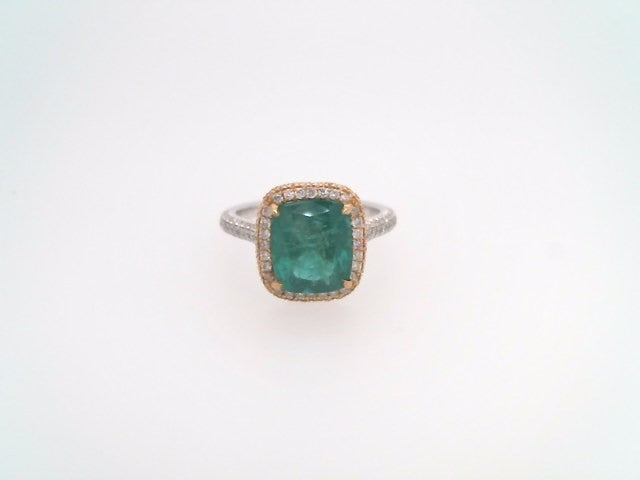 18 Karat White & Yellow Gold Cushion Shaped Emerald With Diamond Accent Halo Style Ring