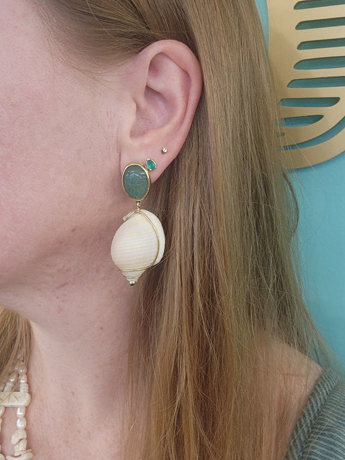 Handmade 14 Karat Yellow Gold Green Adventurine Scarab, Emerald & Florida Scotch Bonnet Seashell Dangle Earring With Omega Backs