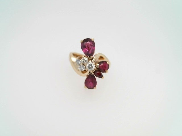Vintage 14 Karat Yellow Gold Rhodolite Garnet & Diamond Freeform Cluster Ring