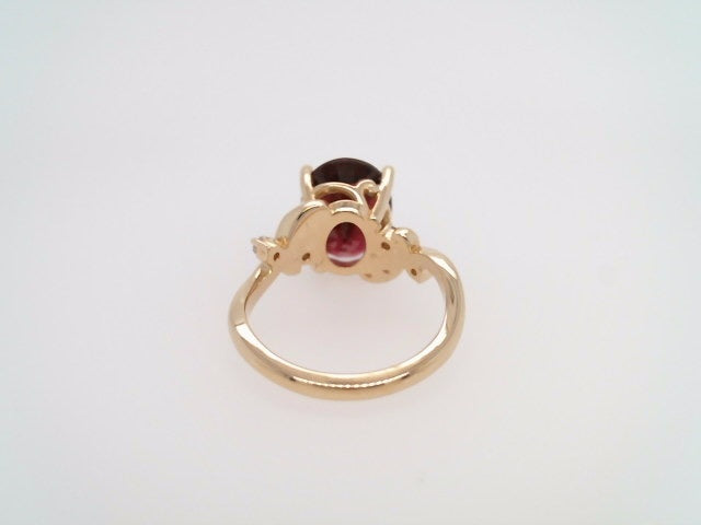 14 Karat Yellow Gold Freeform Rubellite & Diamond Ring With Floral Motif