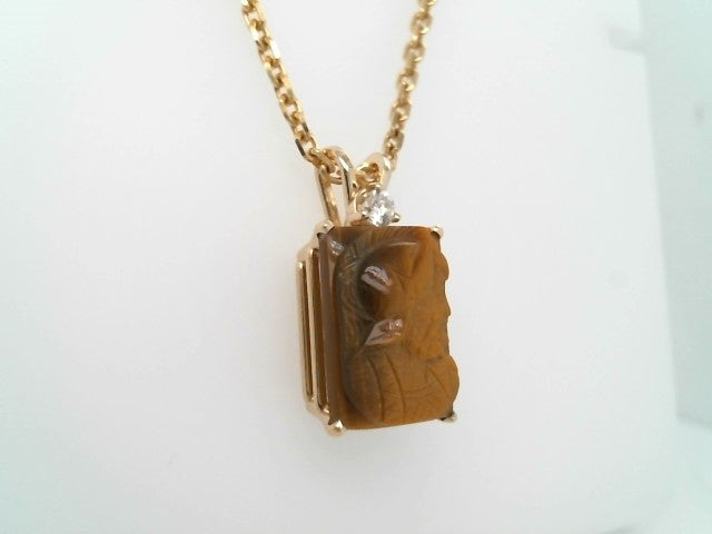 14 Karat Yellow Gold Rectangular Carved Tiger's Eye Inaglio Pendant With Diamond Accent