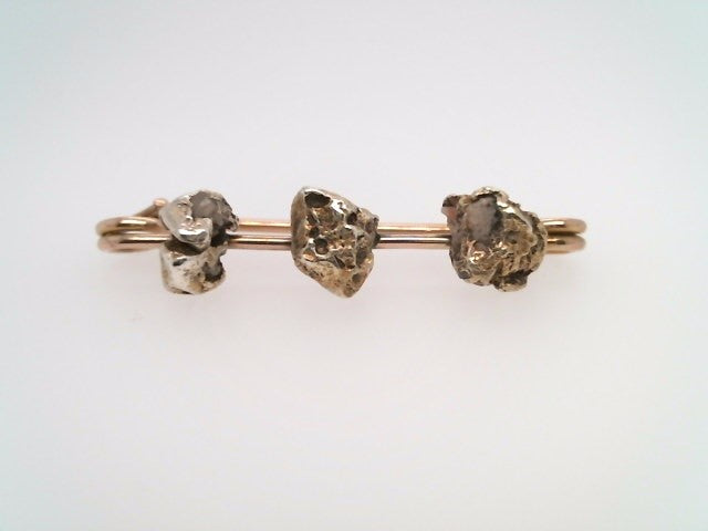 Antique Victorian 9 Karat Yellow Gold Safety Pin Brooch With 3 Natural Pure Gold Nuggets