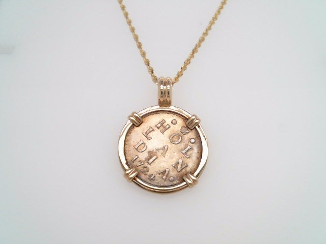 Sterling Silver double stuiver Coin Set In Prong Set In 14 Karat Yellow Gold Bezel Pendant
