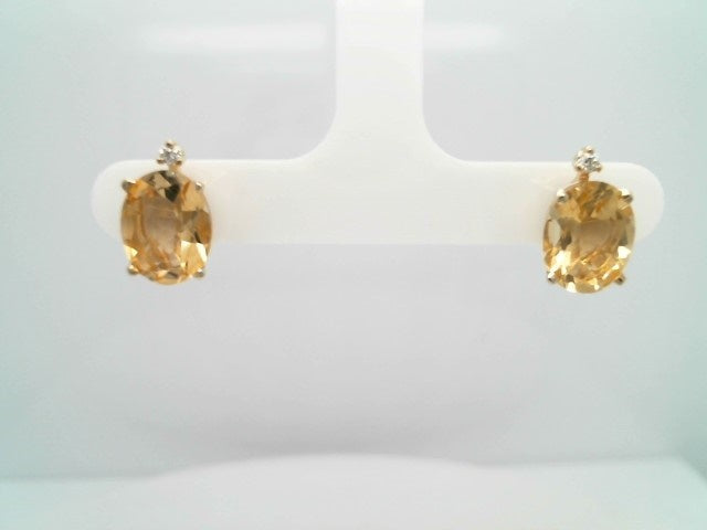 14 Karat Yellow Gold Citrine Stud Earrings With Diamond Accents