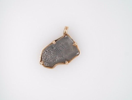 Silver 1715 Fleet Phillip V 4 Reales Coin Set In Prong Set In 14 Karat Yellow Gold Bezel Pendantt
