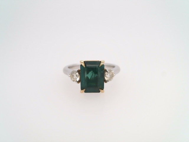 Platinum & 18 Karat Yellow Gold Emerald & Diamond 3 Stone Ring
