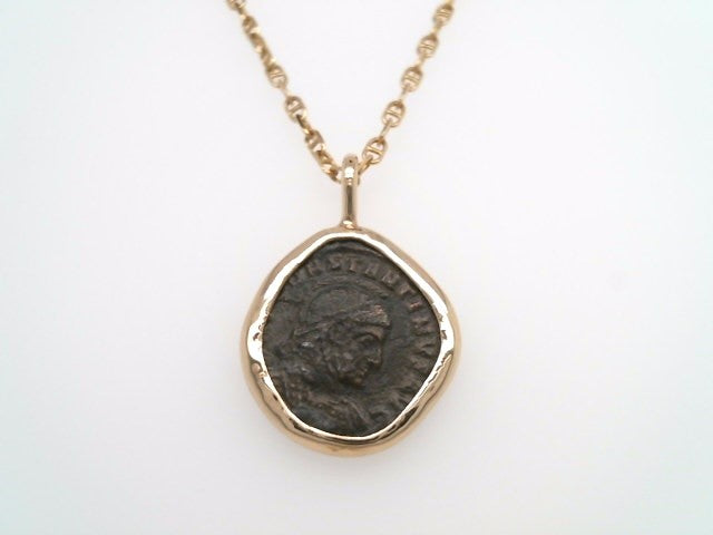 14 Karat Yellow Gold & Bronze Roman Empire Nummus Coin Pendant With Handmade Smooth Bezel