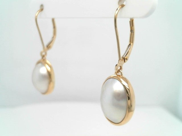 Vintage 18 Karat Yellow Gold Oval Mabe Pearl Bezel Set Earrings With Leverbacks