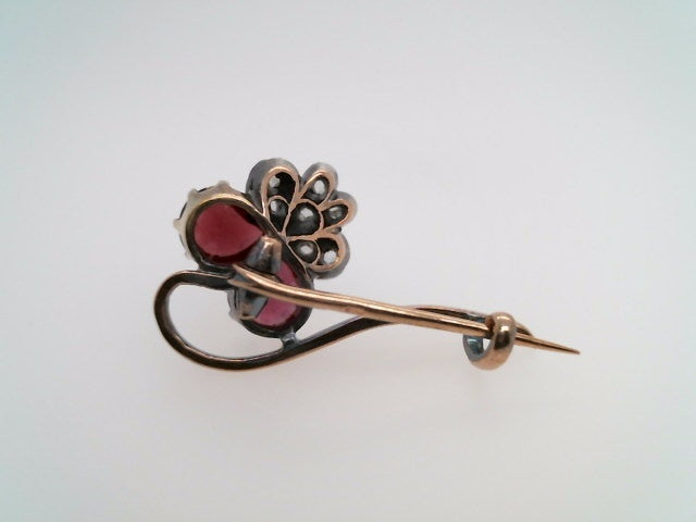 Antique Victorian 14 Karat Yellow Gold & Sterlilng Silver Carbuncle Cut Cabochon Garnet & Rose Cut Diamond Pin