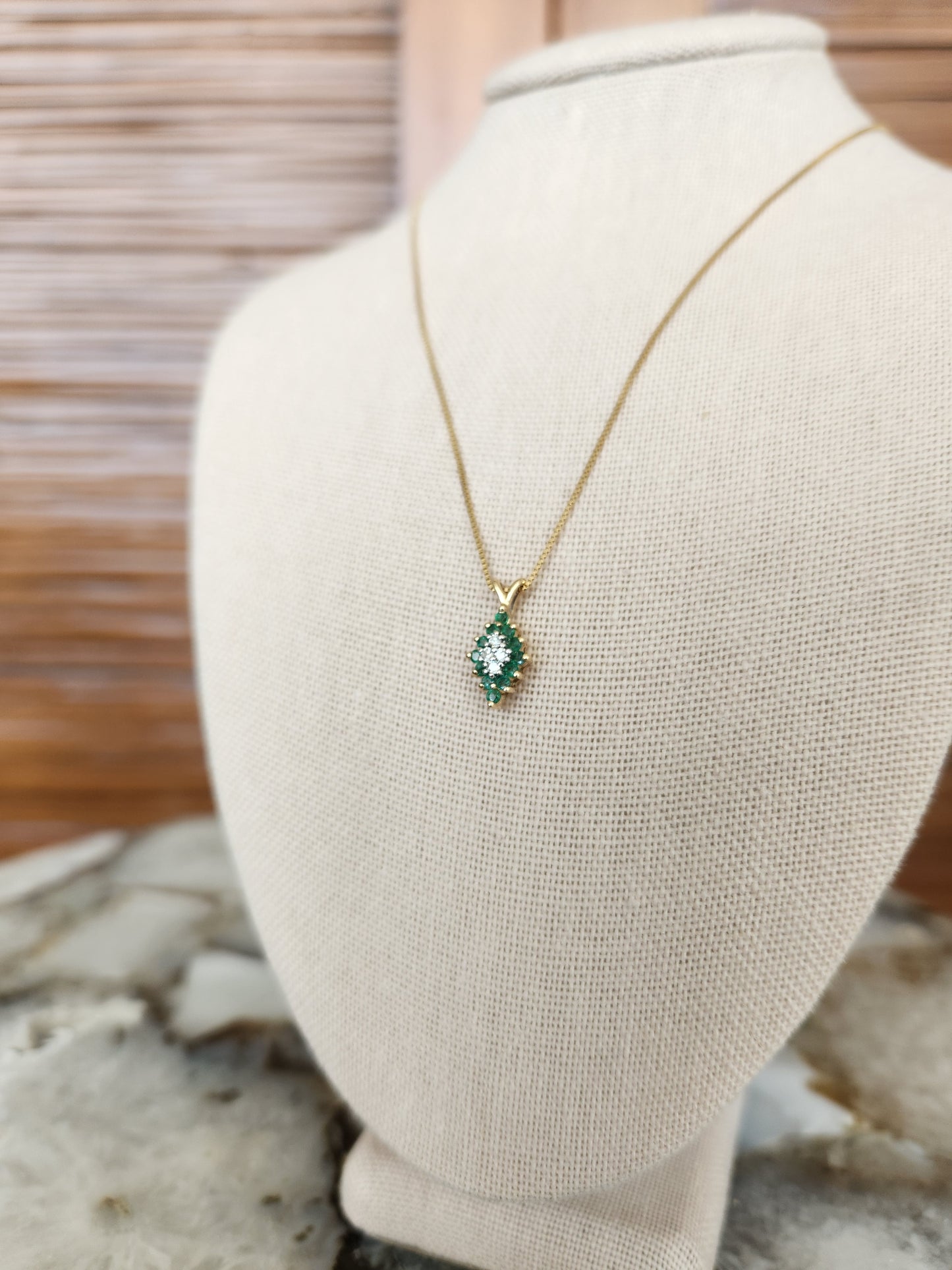 Vintage 14 Karat Yellow Gold Diamond Shaped Emerald & Diamond Cluster Pendant