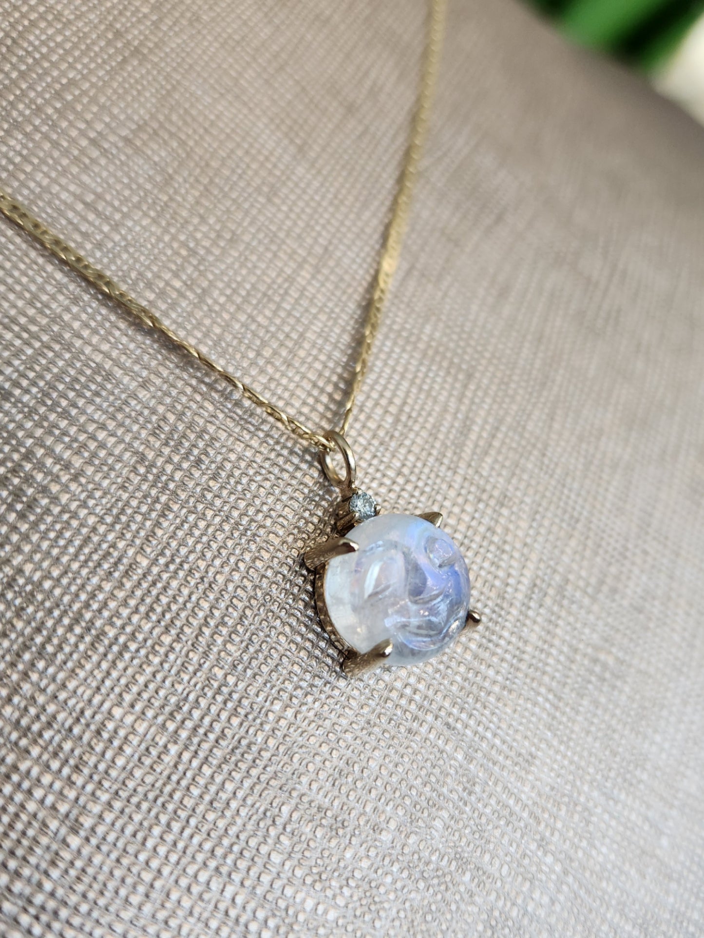 14 Karat Yellow Gold Carved "Man In The Moon" Moonstone Pendant With Diamond Accent