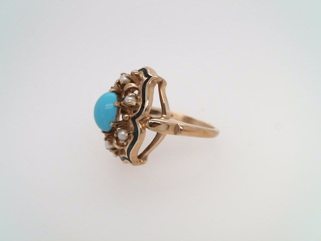 Vintage 10 Karat Yellow Gold Turquoise, Pearl & Black Enamel Ring