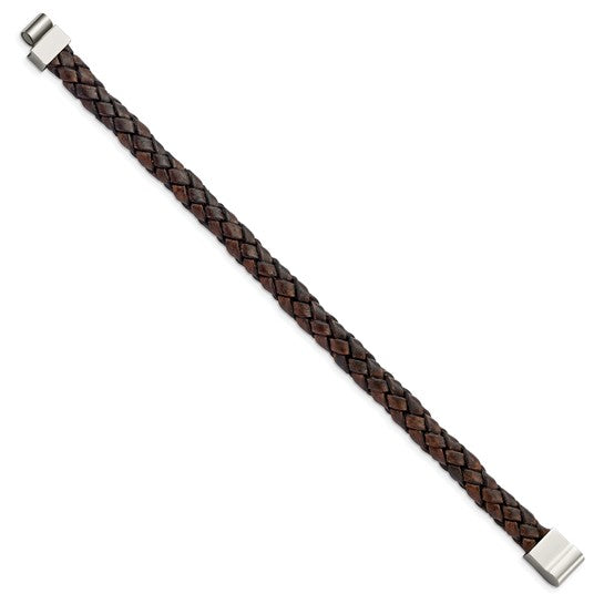 Polished Stainless Steel Brown Woven Leather Bracelet 8.75"