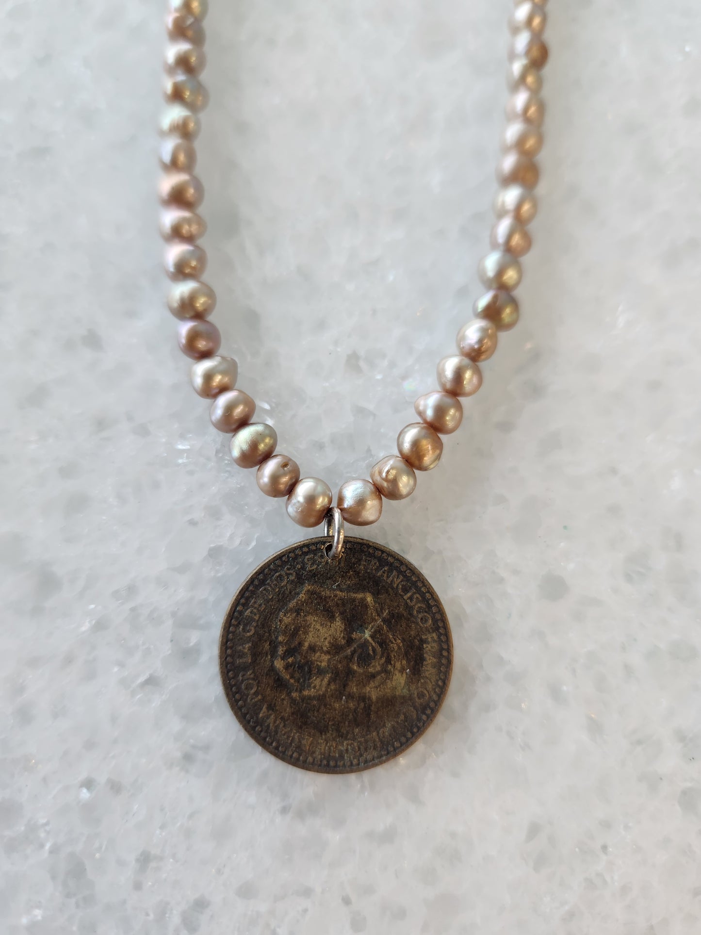 Handmade Sterling Silver Freshwater Pearl Necklace With Peruvian Coin Dated 1943, 18"