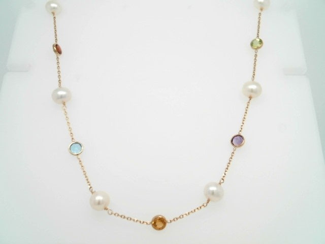 14 Karat Yellow Gold Bezel Set Multi Gemstone And Cultured White Freshwater Pearl "By The Yard" Style Necklace 18"