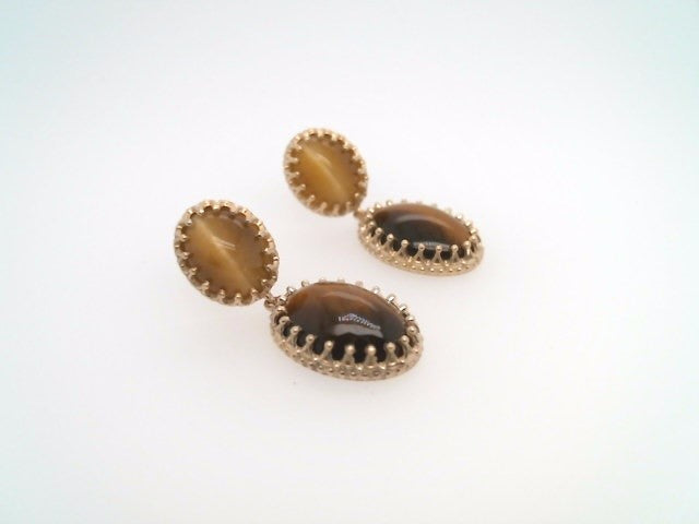14 Karat Yellow Gold 2 Tier Oval Tiger's Eye Dangle Earrings
