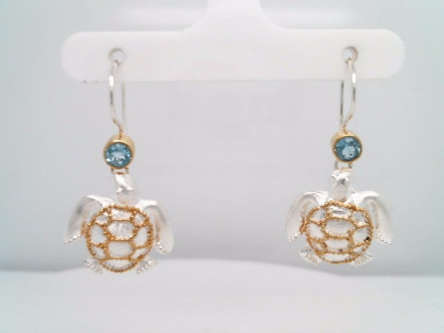 Sterling Silver And 22 Karat Gold Vermeil Drop/Dangle Sea Turtle Earrings With 2 Round Blue Topaz