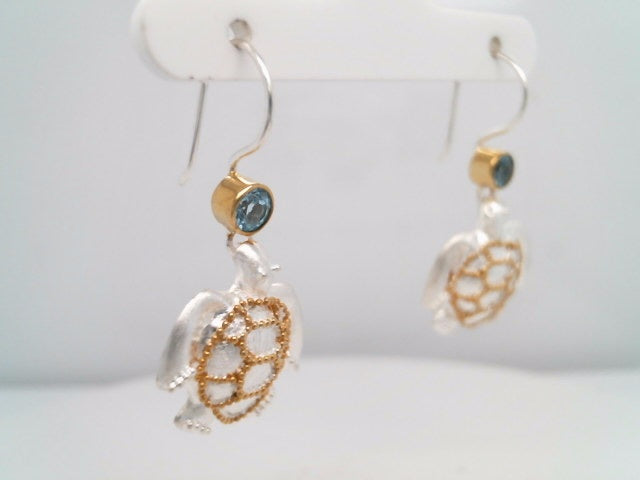 Sterling Silver And 22 Karat Gold Vermeil Drop/Dangle Sea Turtle Earrings With 2 Round Blue Topaz