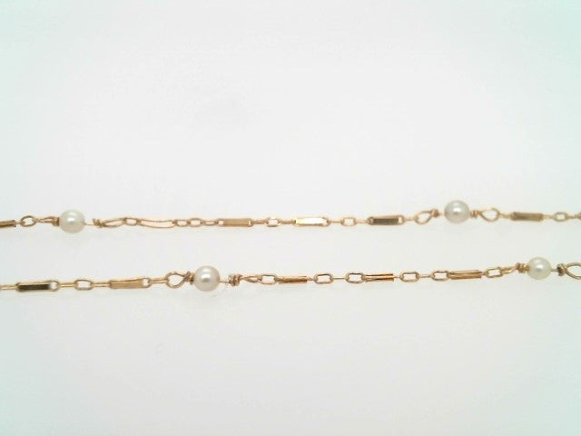 Vintage 14 Karat Yellow Gold Fancy Link & Pearl Station Chain Necklace, 24"
