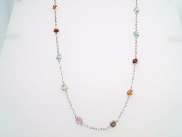 Sterling Silver Bezel Set Multi Gem "By The Yard" Style Necklace 18" With A Loop At 16" And 17" For Adjustable Length
