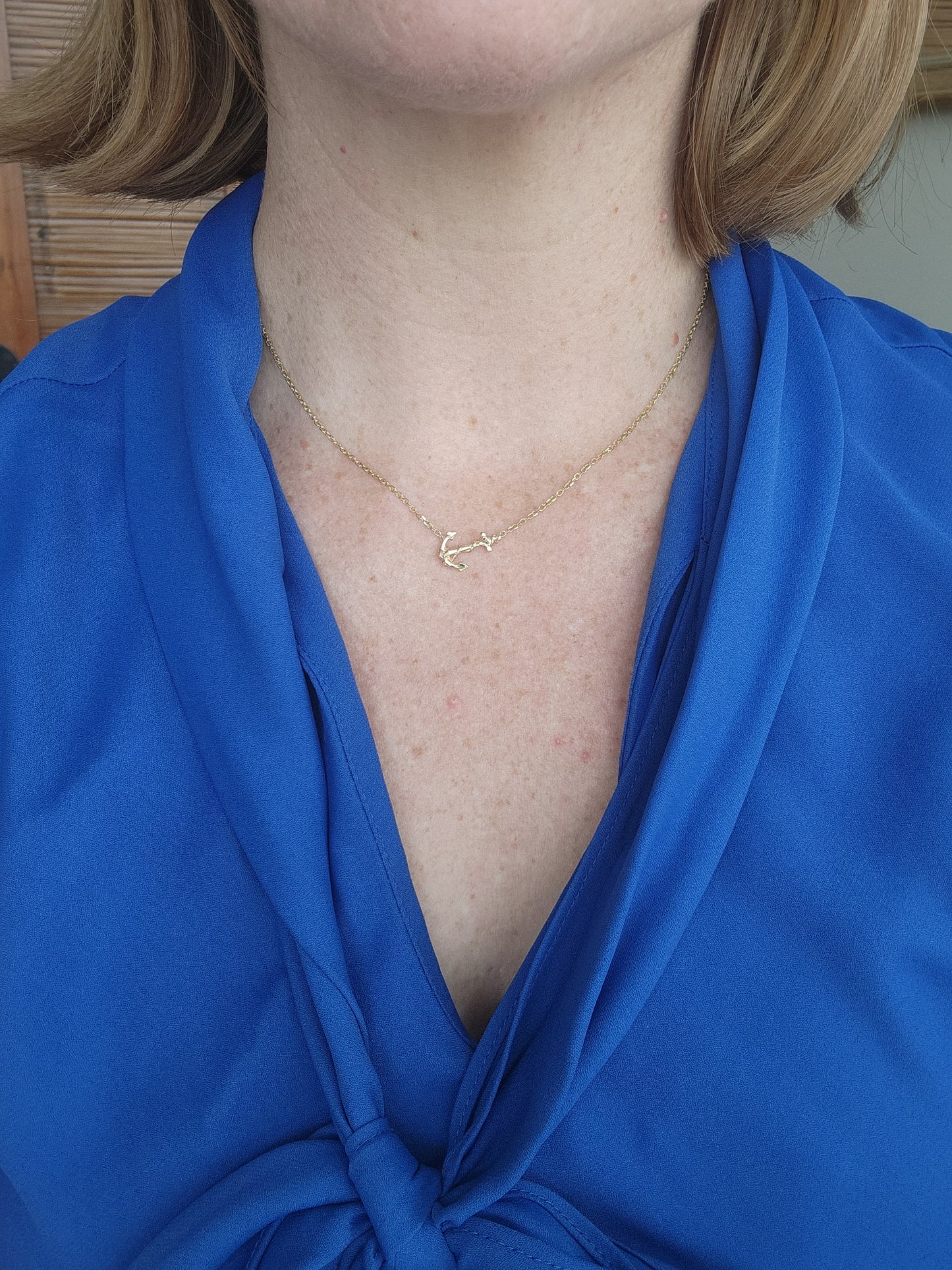 Vintage 14 Karat Yellow Gold Anchor Necklace With Diamond Cut Cable Chain, 16.5"