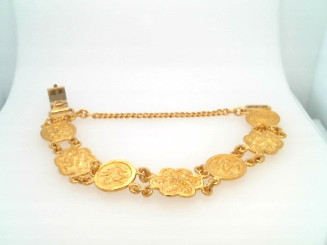 Vintage 24 Karat Yellow Gold Round And Scalloped Link Bracelet With Floral Motif, 7"