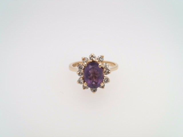 Vintage 14 Karat Yellow Gold Amethyst & Diamond Halo Ring