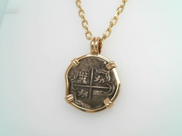 Silver 2 Reale Coin Prong Set In 14 Karat Yellow Gold Bezel Pendant