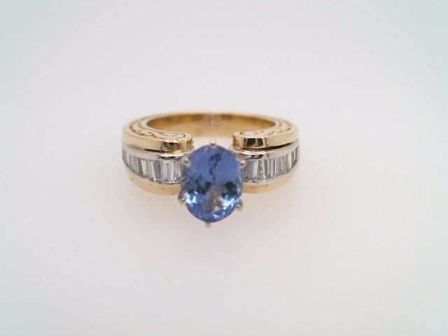 Vintage 18 Karat Yellow & White Gold Tanzanite & Diamond Ring With Engraved Shank