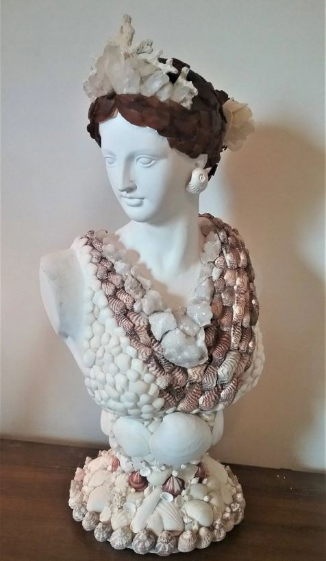 Shell Encrusted Bust Statue With Hand Picked Florida Sea Shells, Coral