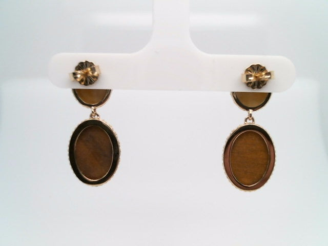 14 Karat Yellow Gold 2 Tier Oval Tiger's Eye Dangle Earrings