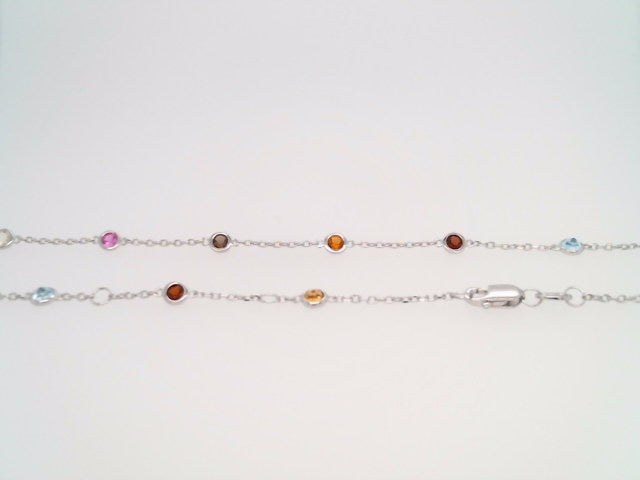 Sterling Silver Bezel Set Multi Gem "By The Yard" Style Necklace 18" With A Loop At 16" And 17" For Adjustable Length
