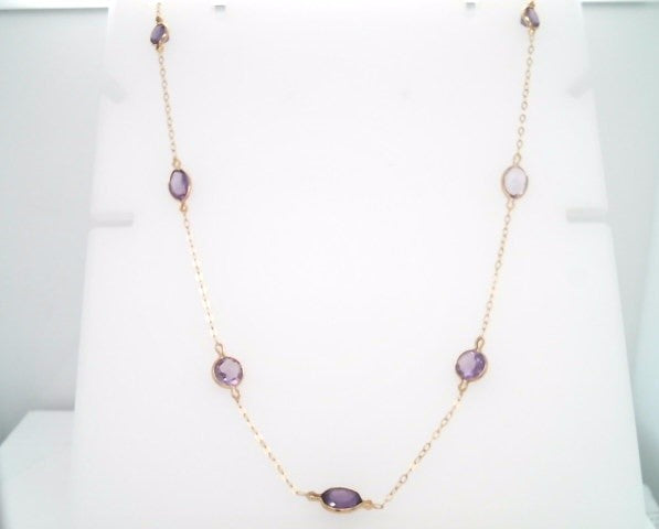 14 Karat Yellow Gold Bezel Set Amethyst "By The Yard" Style Necklace 16-18"